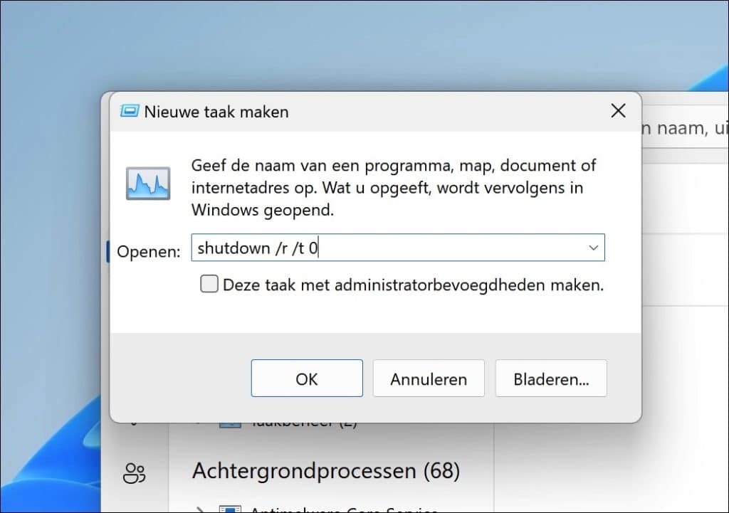 Opnieuw opstarten via Taakbeheer