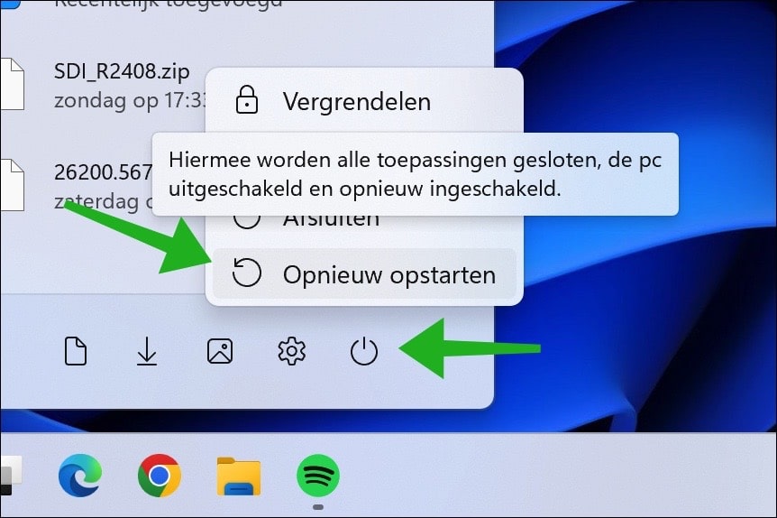 Opnieuw opstarten via start menu