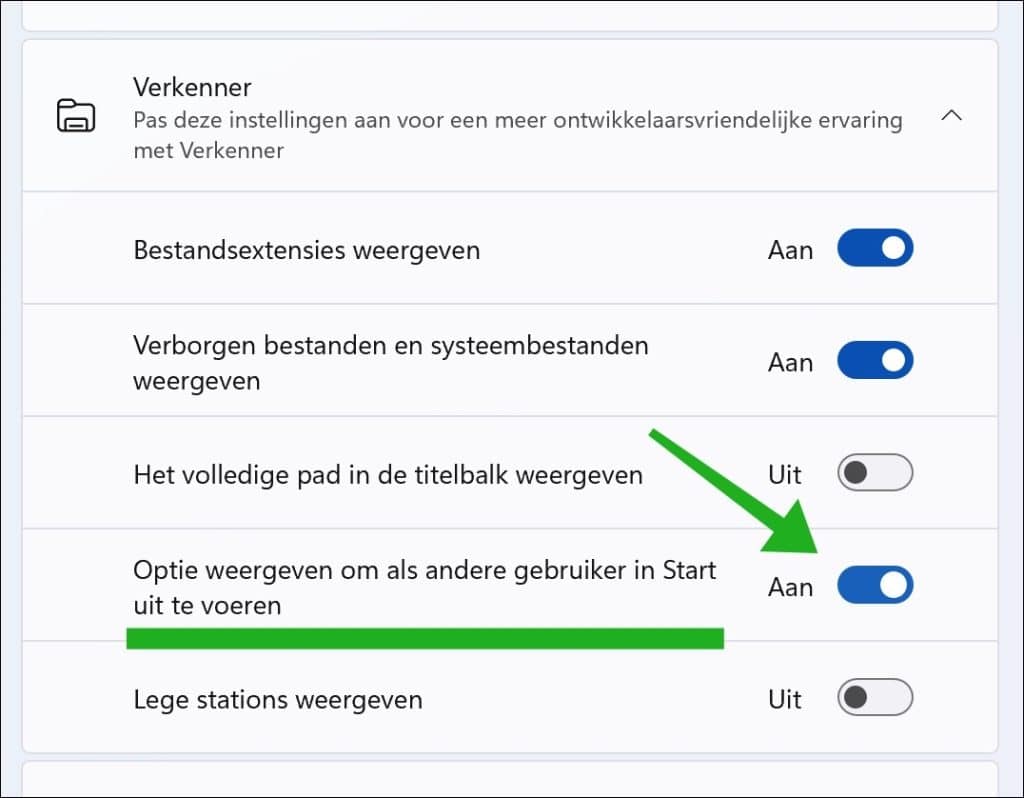 Optie weergeven om als andere gebruiker in Start uit te voeren