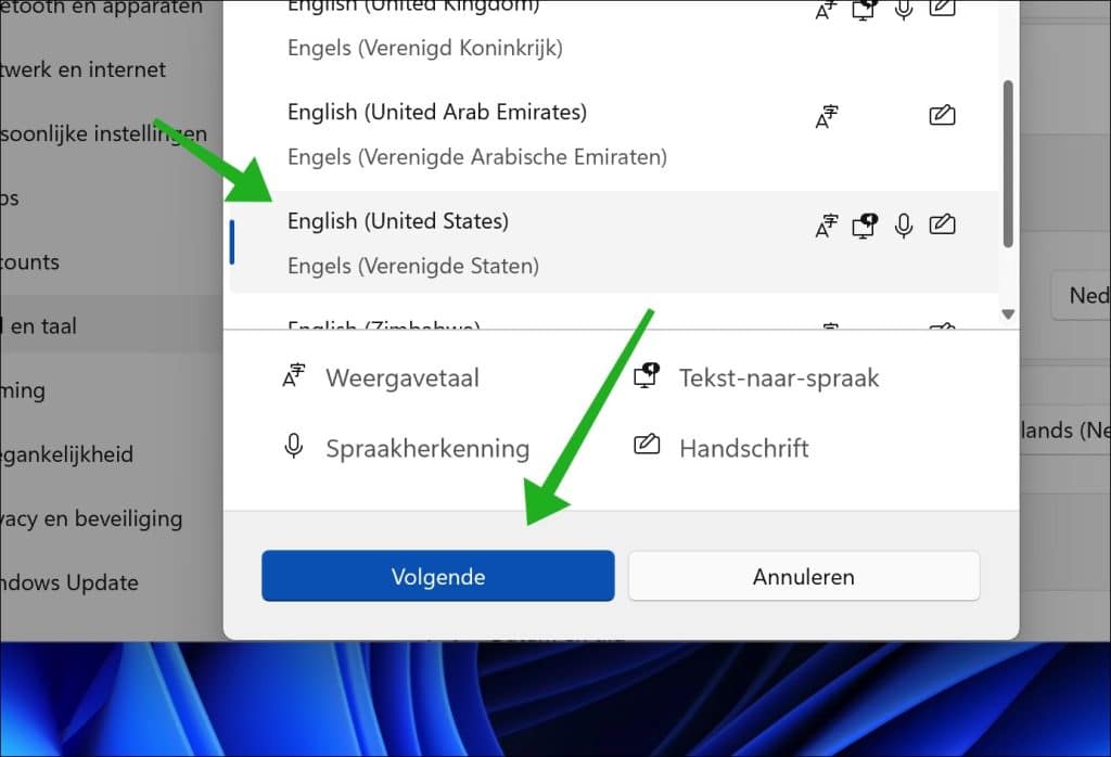 Selecteer de gewenste taal