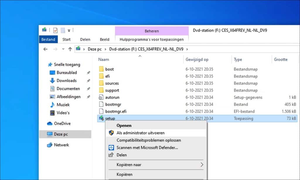 Setup uitvoeren
