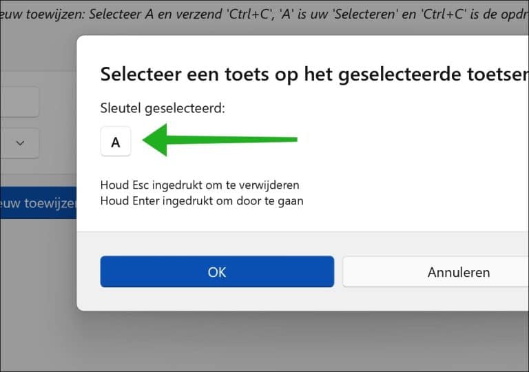 Toetsen of snelkoppeling opnieuw toewijzen