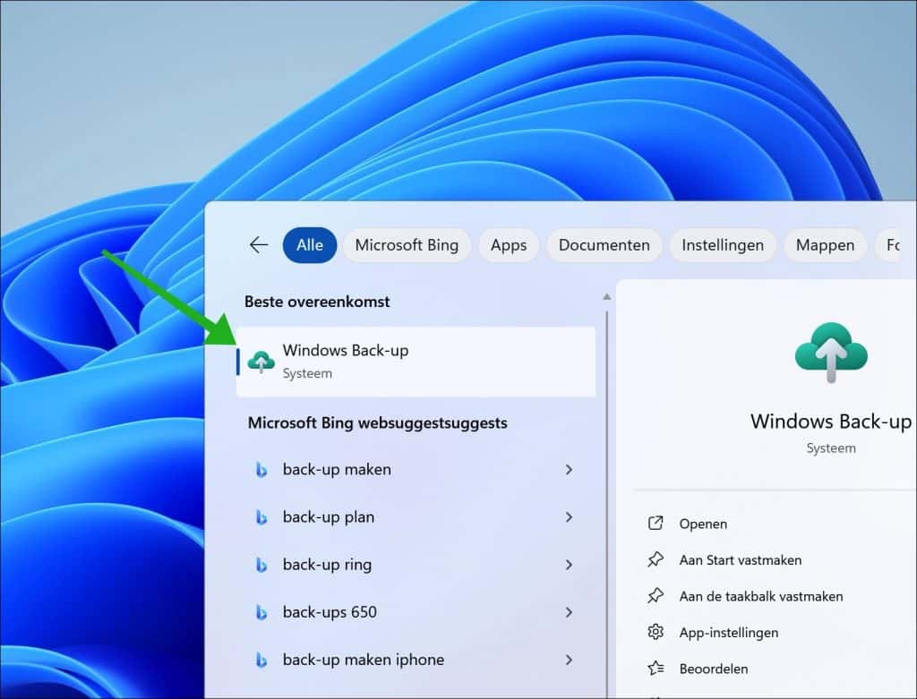 Windows back-up app openen