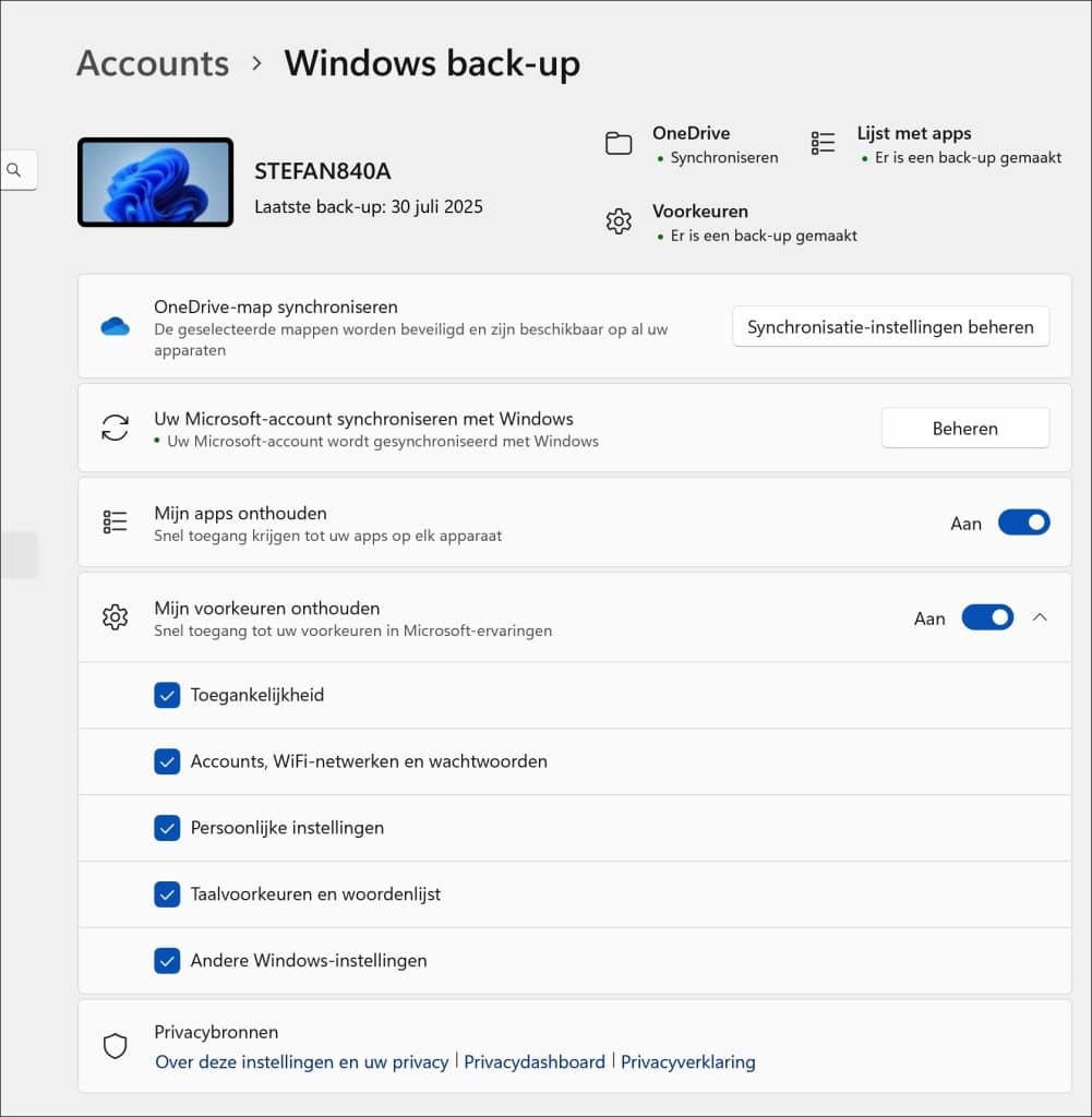 Windows back-up voorkeuren