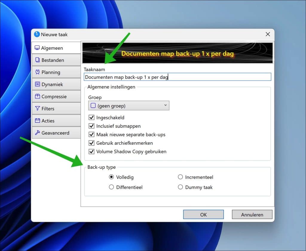 naam en backup type