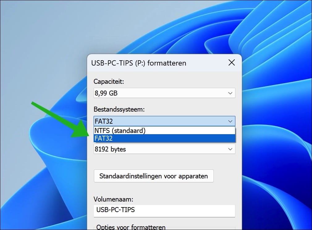 usb formatteren naar fat32