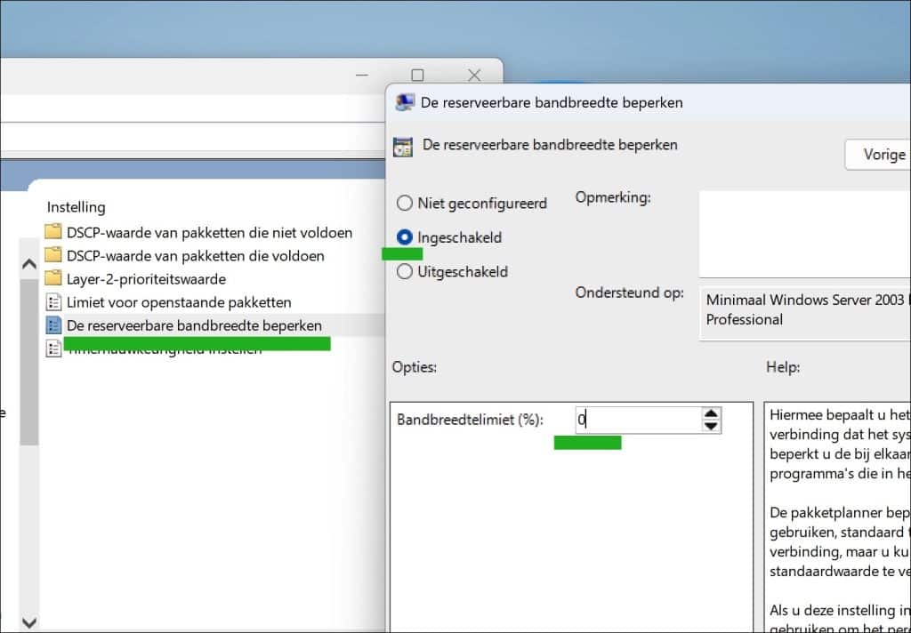 De reserveerbare bandbreedte beperken