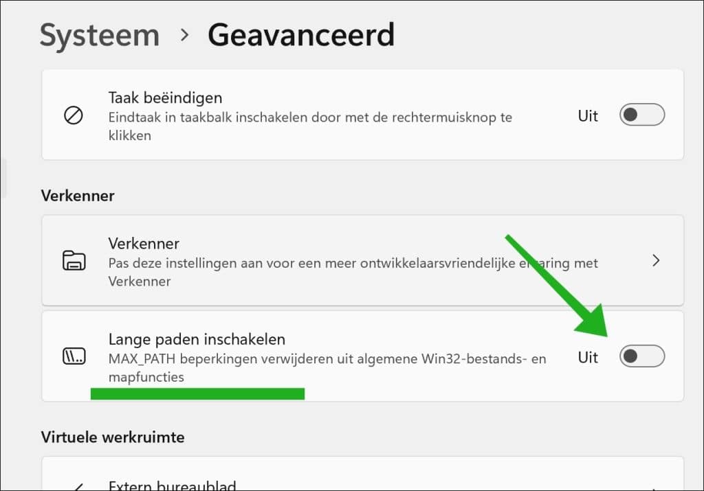 Lange paden inschakelen