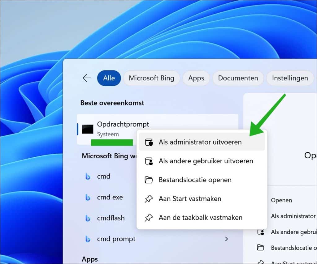 Opdrachtprompt als admin openen
