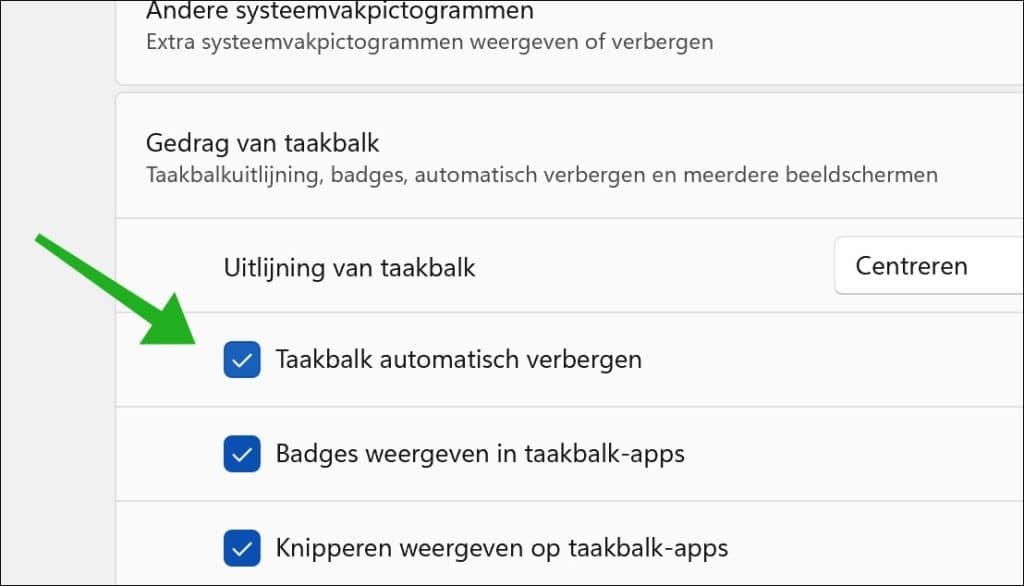 Taakbalk automatisch verbergen