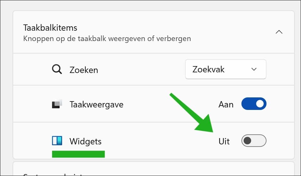 Widgets knop uitschakelen
