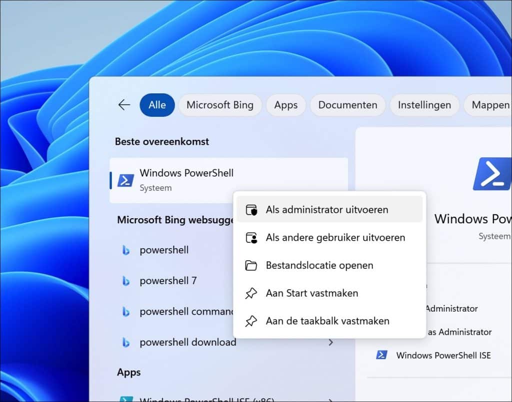 Windows PowerShell en kies Als administrator uitvoeren