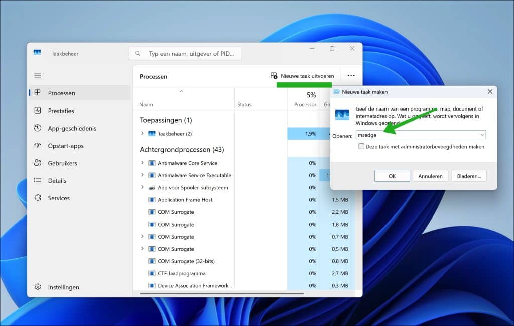 Edge openen Via Taakbeheer