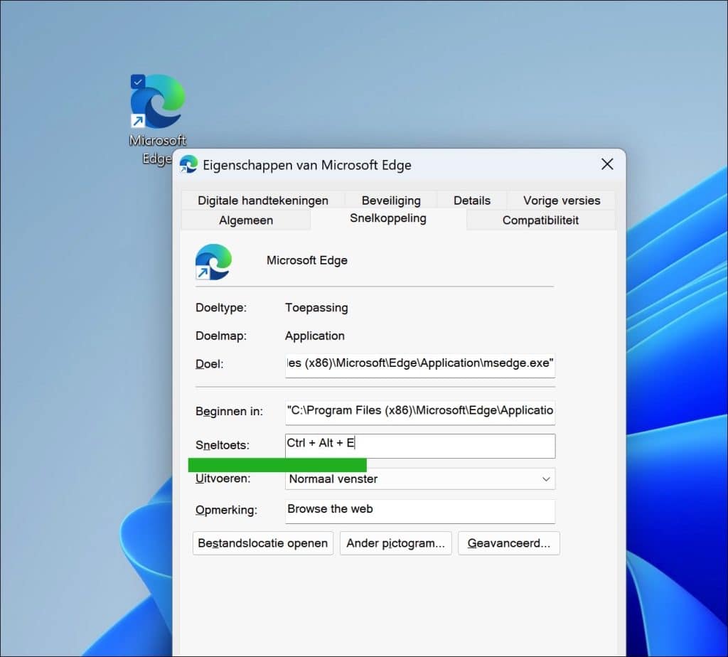 Edge openen Via een sneltoets of eigen snelkoppeling