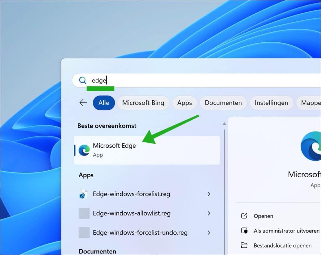 Edge openen via Startmenu