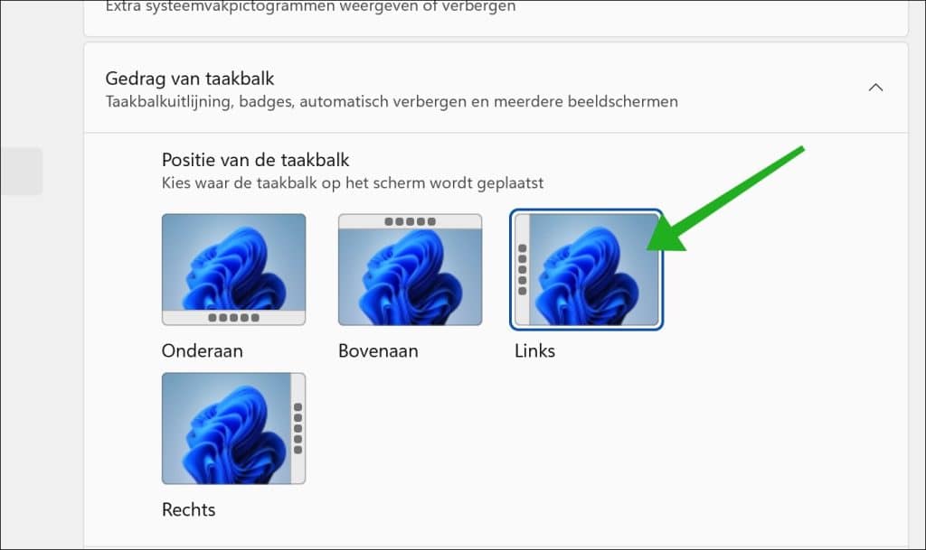 Links om de taakbalk aan de linkerzijde van het beeldscherm te plaatsen
