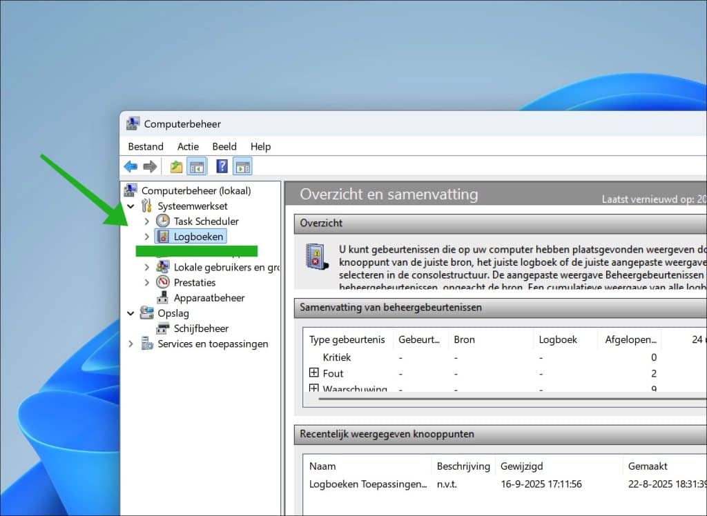 Logboeken openen via Computerbeheer