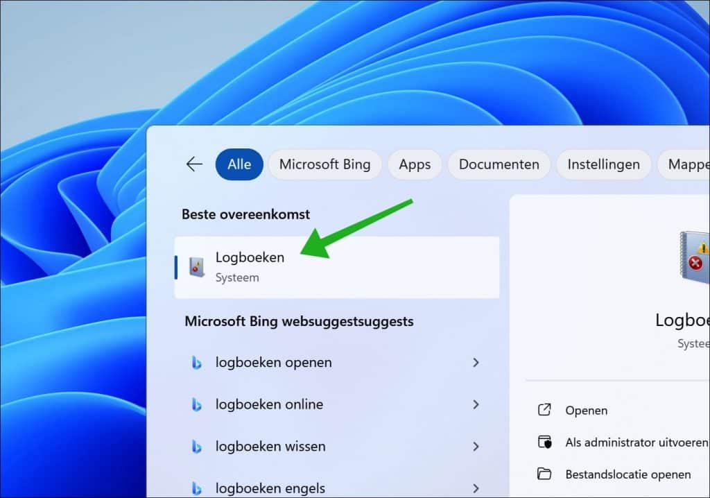 Logboeken openen via Start menu