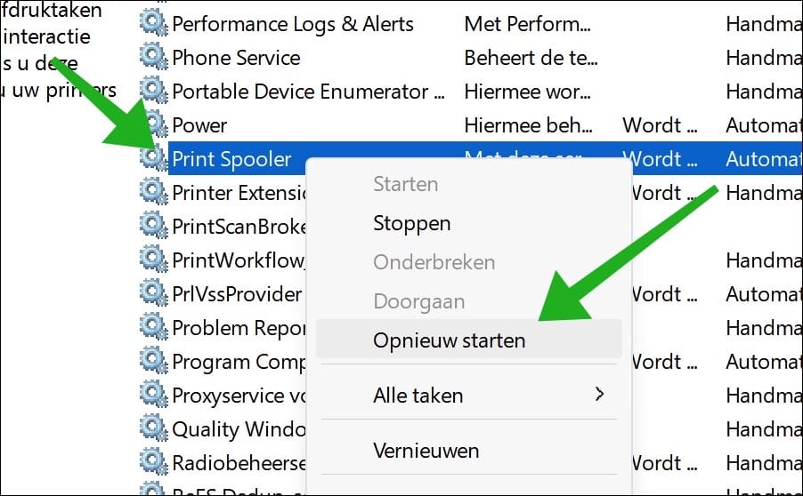 Print Spooler service opnieuw starten