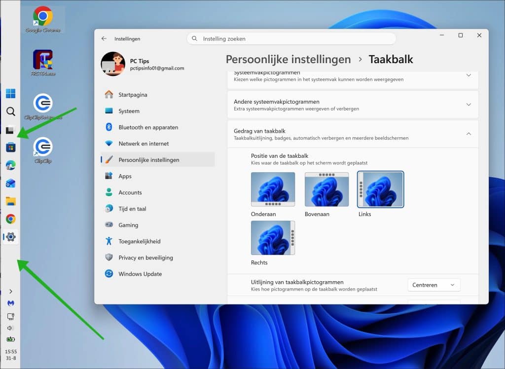 Taakbalk naar links verplaatsen in Windows 11