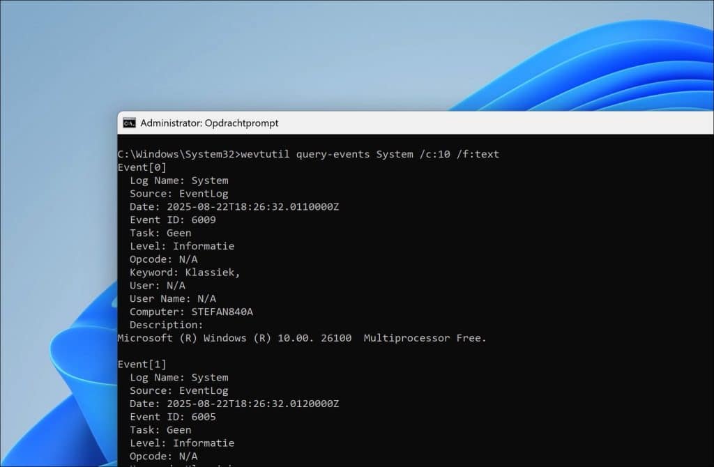 wevtutil query-events System /c:10 /f:text