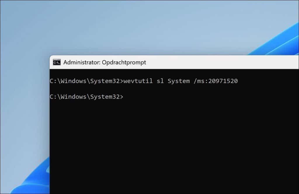 wevtutil sl System ms 20971520