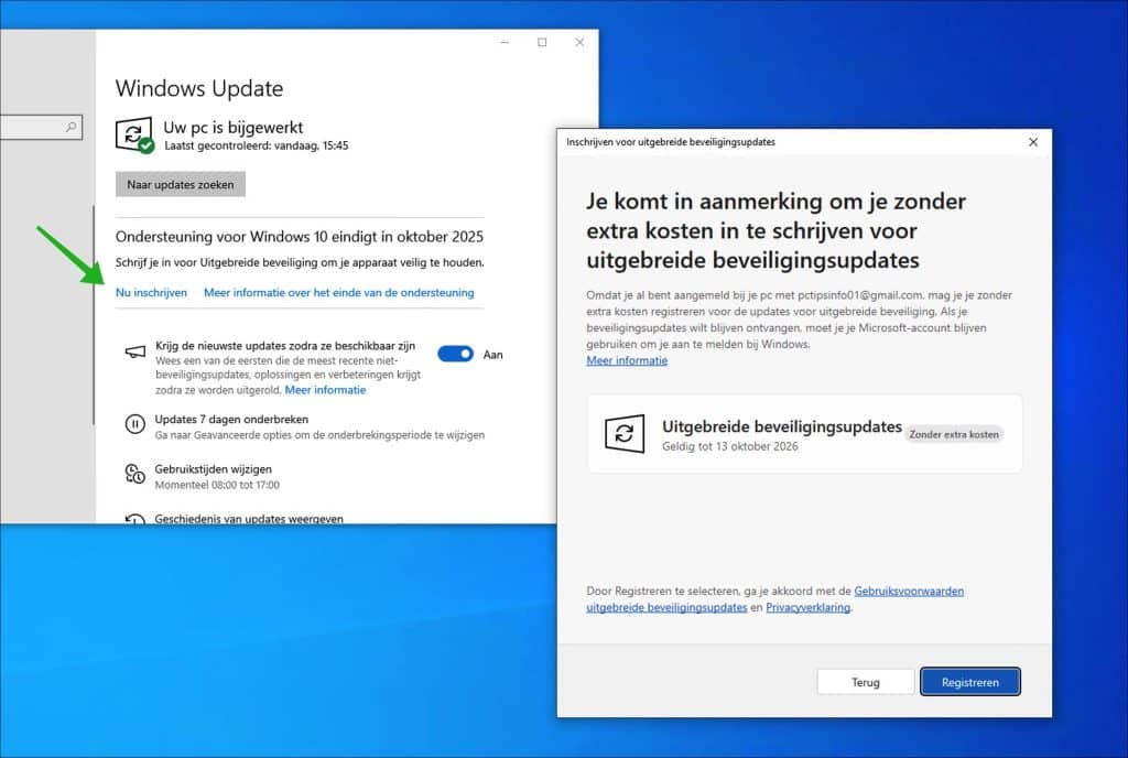 Aanmelden voor Uitgebreide Updates via Windows Update
