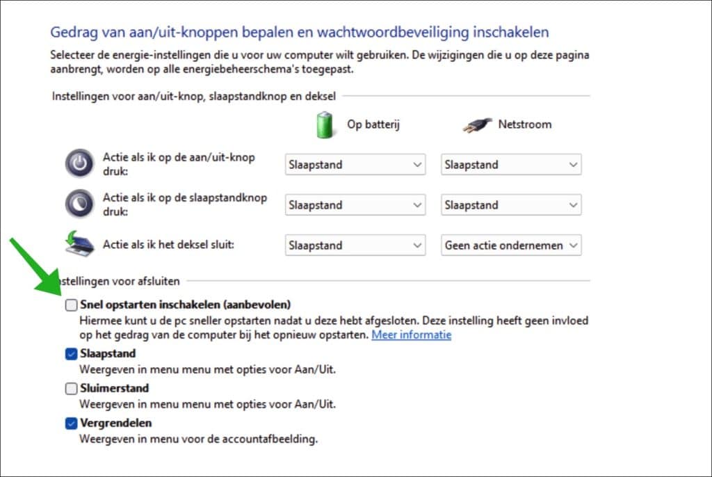 Controleer of Snel opstarten is ingeschakeld