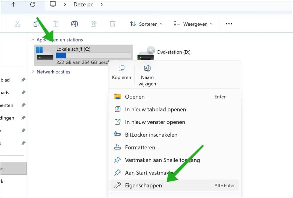 Controleer op vrije schijfruimte