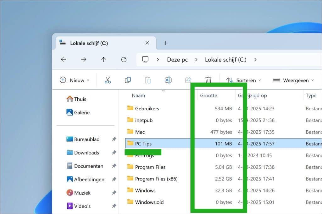 Mapgrootte weergeven in Windows 11 Verkenner in MB of GB