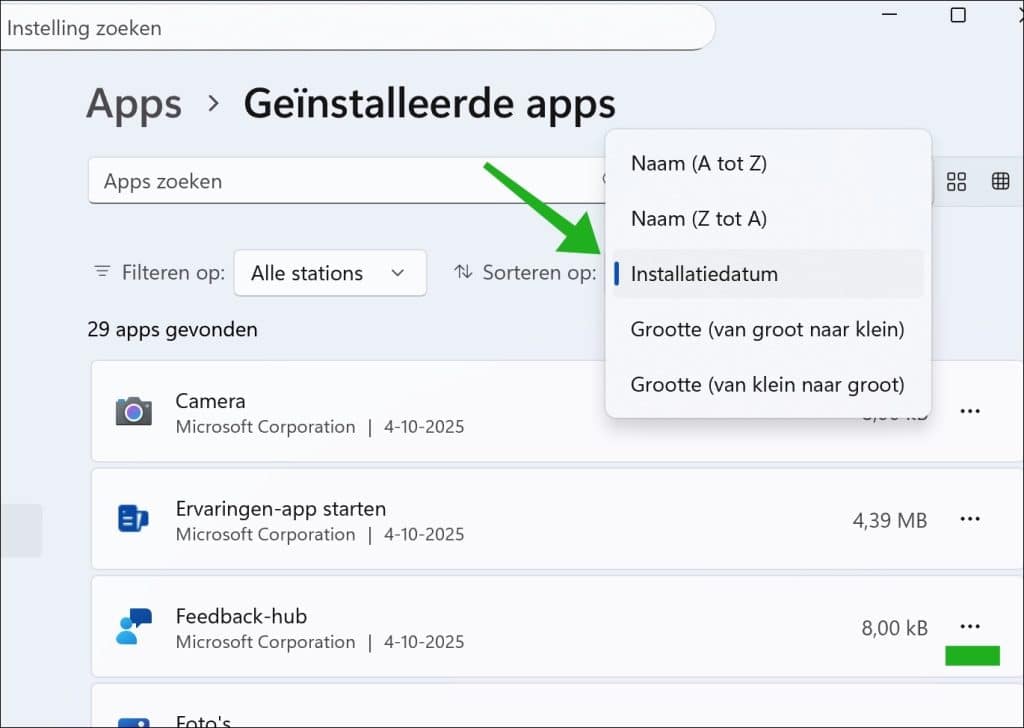 Sorteer op Installatiedatum