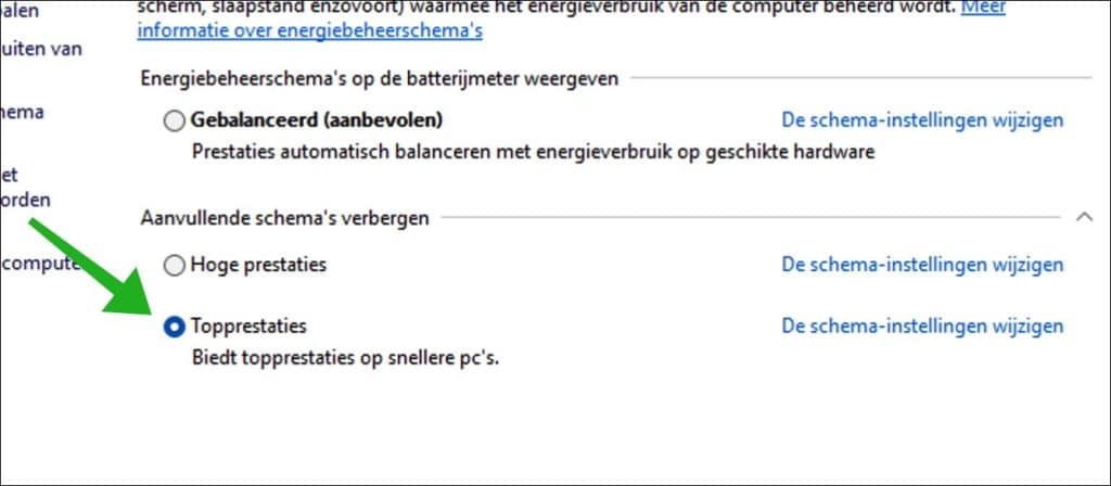 Topprestaties Ultimate Performance energieschema selecteren