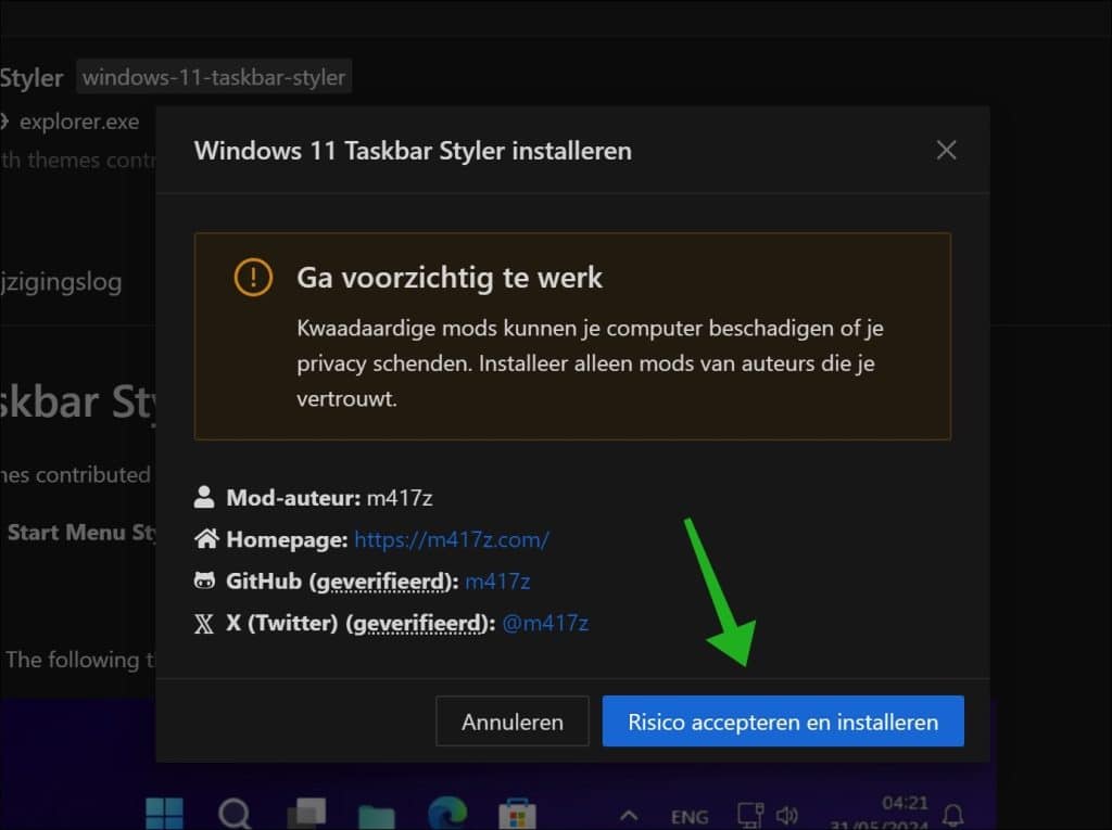 Windows 11 Taskbar Styler installeren