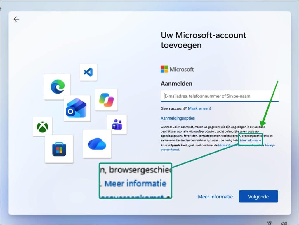 microsoft-account aanmaken door op meer informatie te klikken