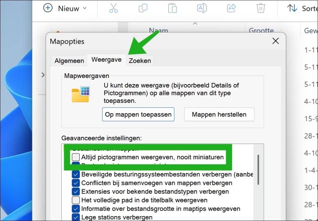 Altijd pictogrammen weergeven, nooit miniaturen uitschakelen