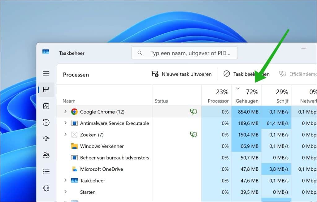 Controleer welke apps het meeste geheugen gebruiken