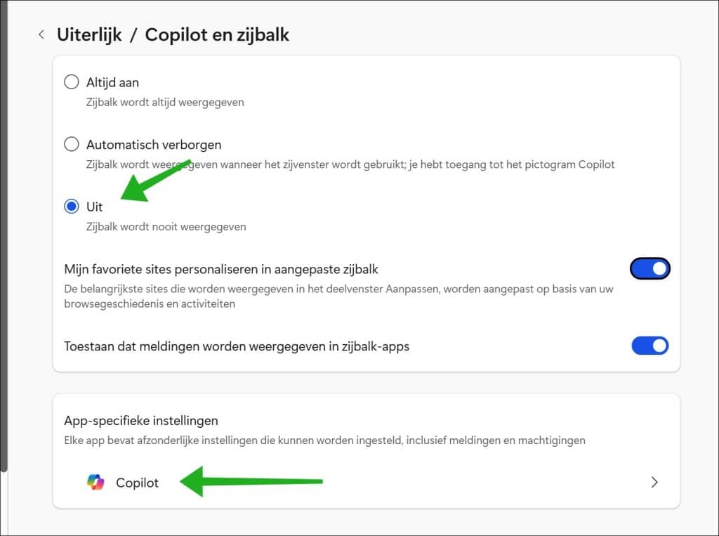 Copilot zijbalk uitzetten