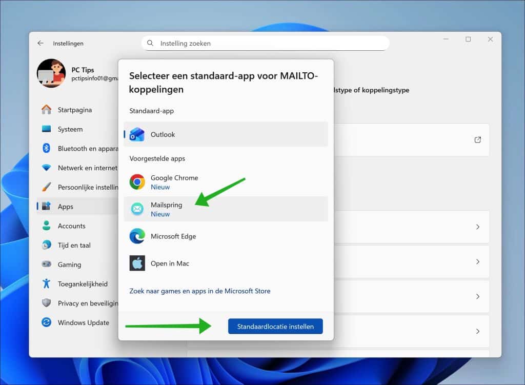 Mailto snelkoppeling wijzigen