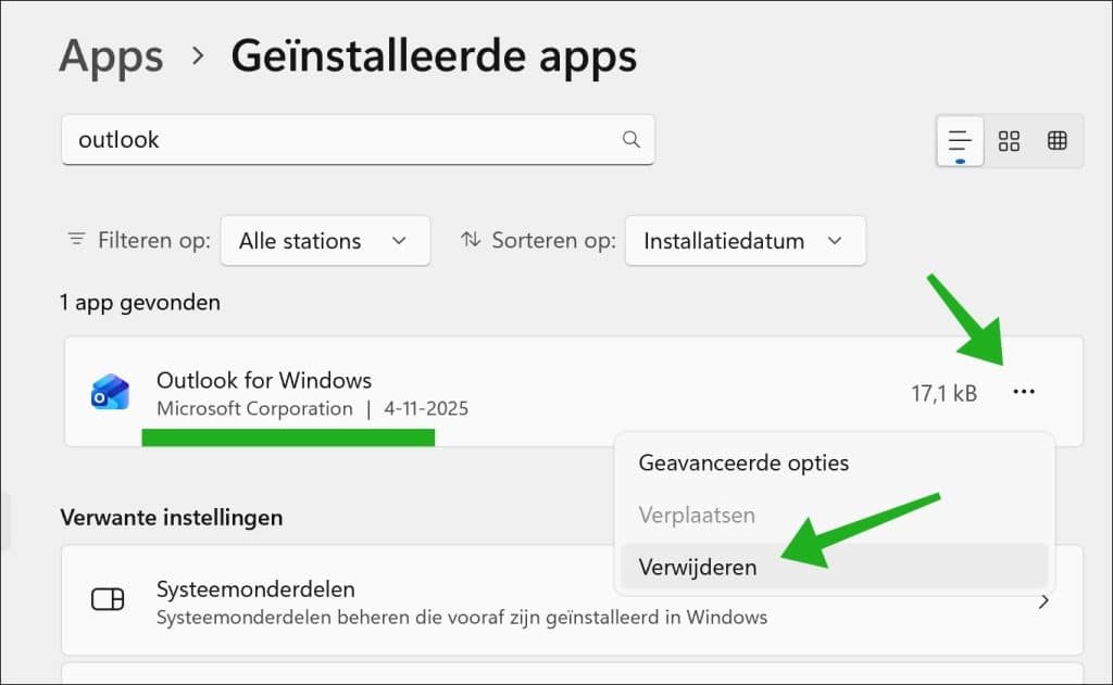 Outlook verwijderen via Instellingen