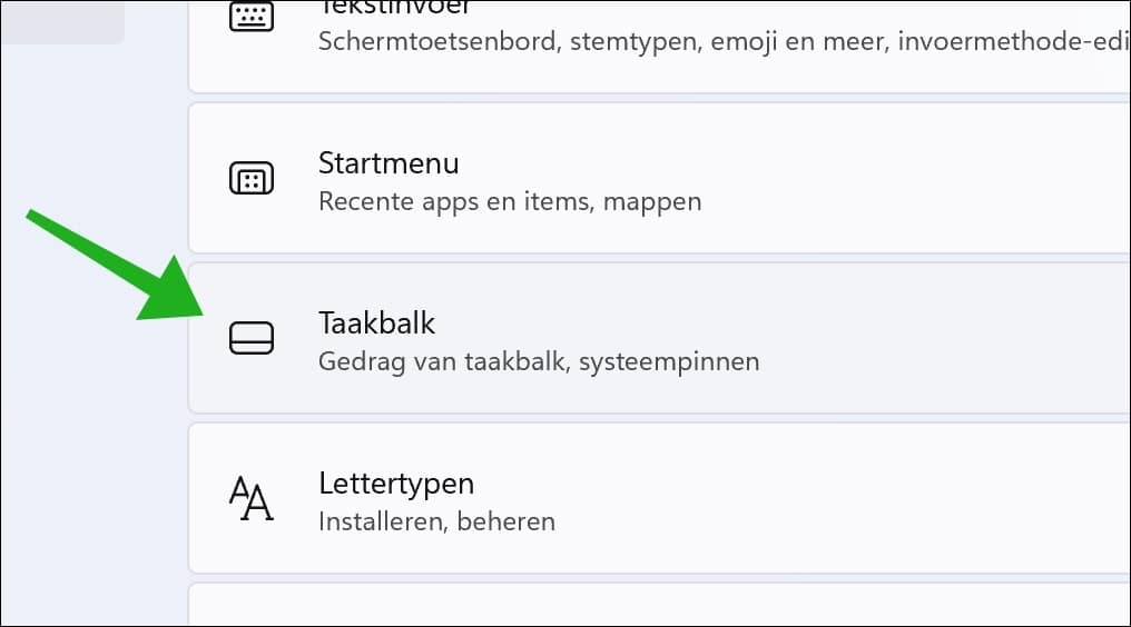 Taakbalk instellingen openen
