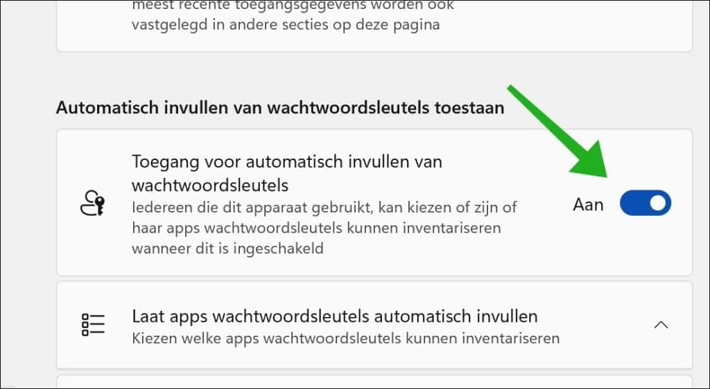 Toegang voor automatisch invullen van wachtwoordsleutels
