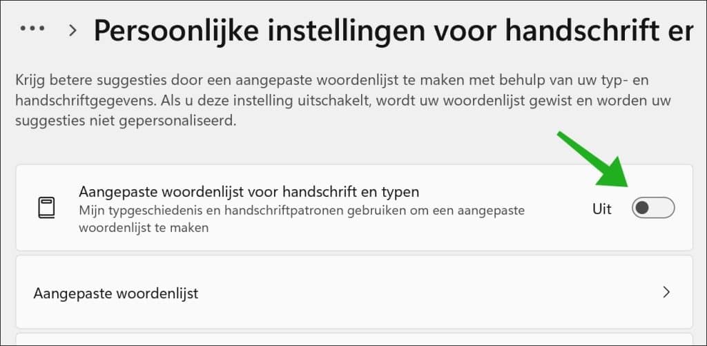Typgeschiedenis en tekstsuggesties uitschakelen
