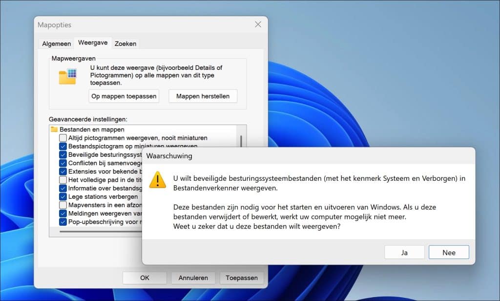 Beveiligde besturingssysteembestanden verbergen uitschakelen