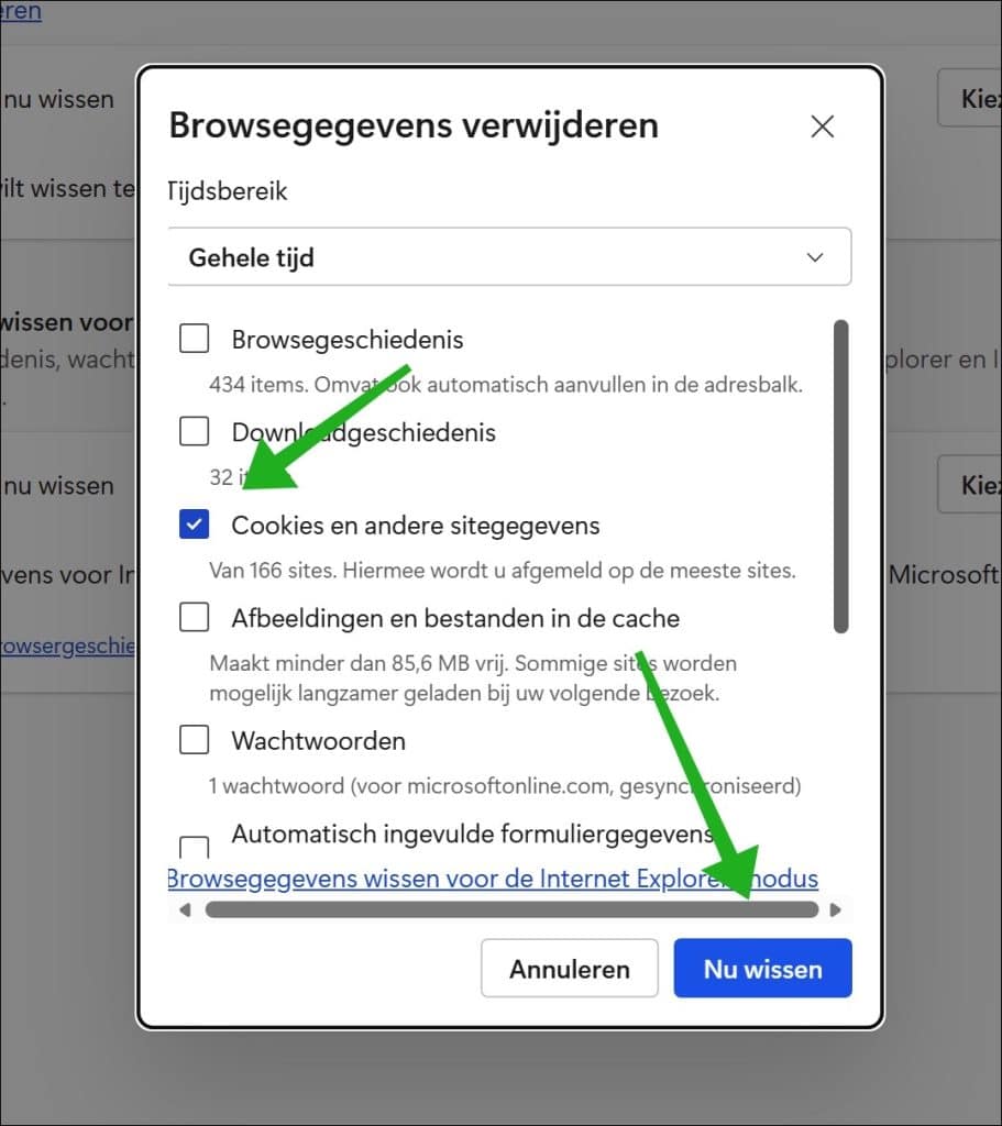 Cookies en andere sitegegevens wissen in Edge browser