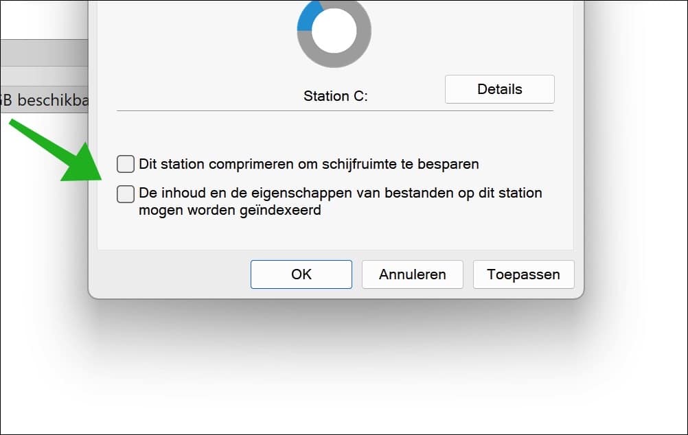 De inhoud en de eigenschappen van bestanden op dit station mogen worden geïndexeerd uitschakelen