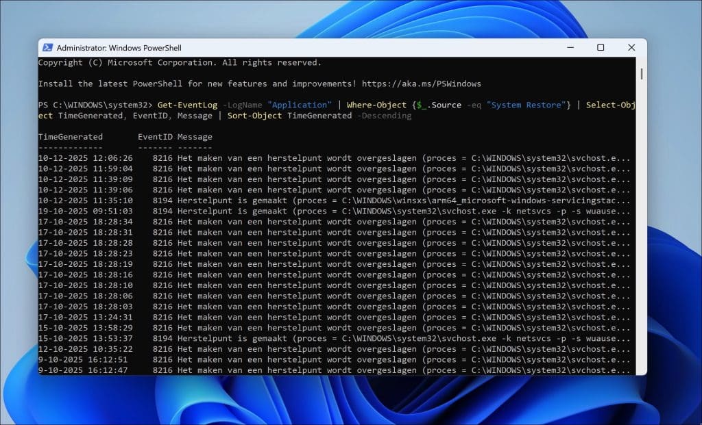 Herstelpunt-activiteit inzichtelijk maken