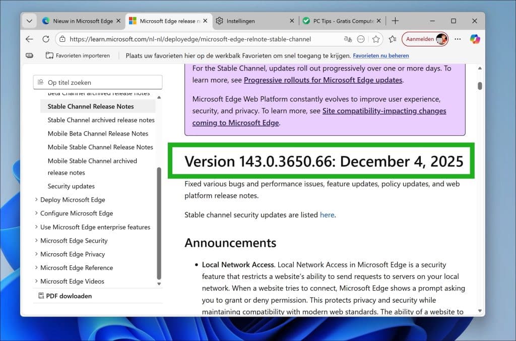 Laatste versie van Edge via release notes van Microsoft