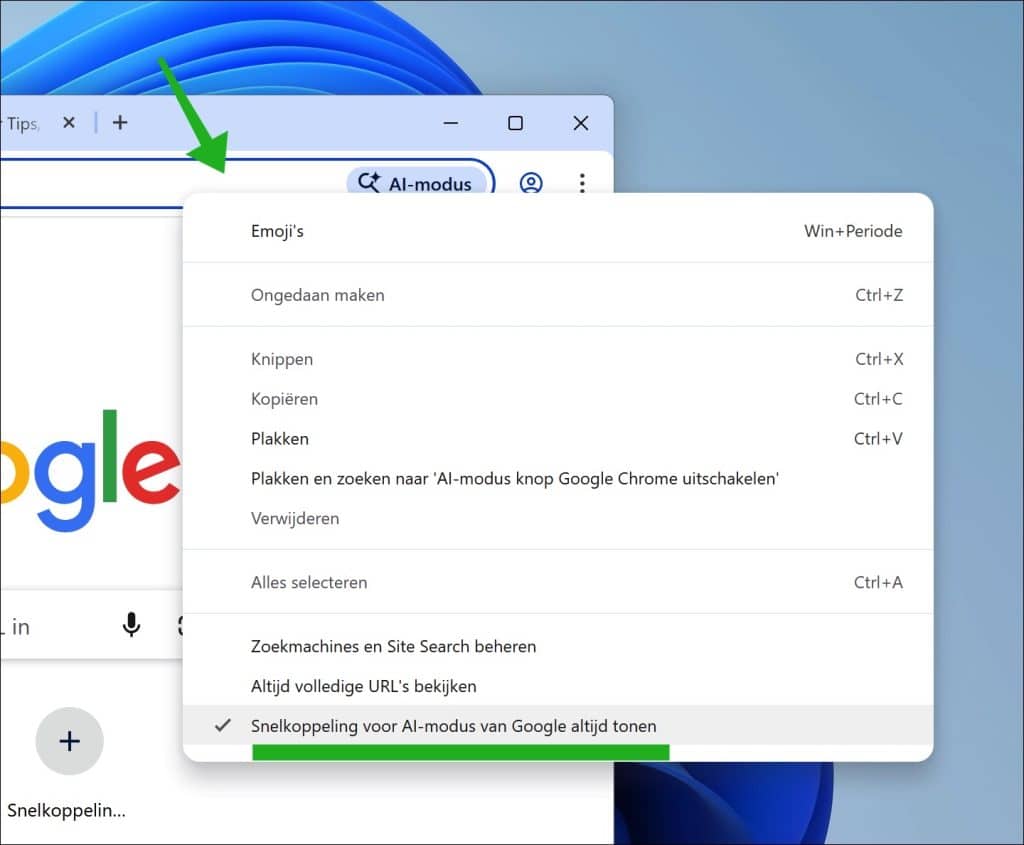 Snelkoppeling voor Al-modus van Google altijd tonen uitschakelen