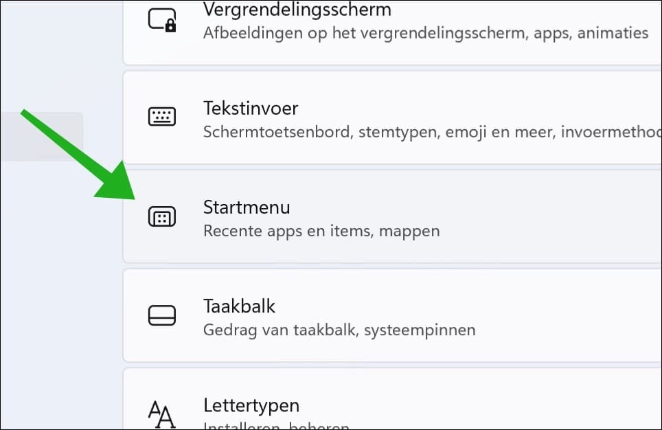 Startmenu instellingen