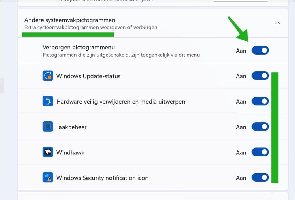 Systeemvak pictogrammen volledig zichtbaar maken